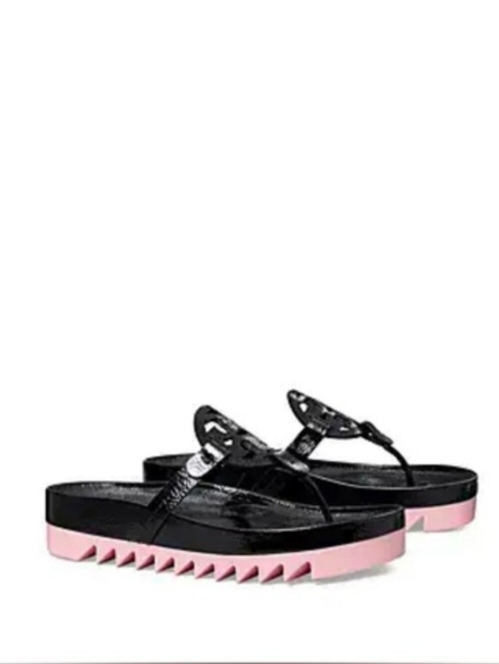 TORY BURCH Miller Cloud Lug Sole Sandal Black Pink Patent Leather Sz 9